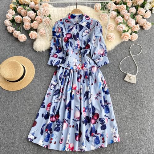 New Women Print Blue Dress Polo Collar Three Quarter Sleeve Temperment Bandage Waist Female Office Vestidos 2021 Autumn