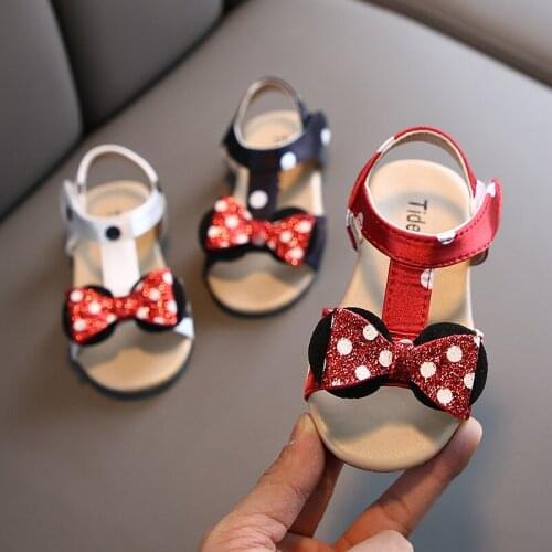 Disney girls sandals summer new children Korean bow princess shoes cute Mickey mouse soft sole beach shoes