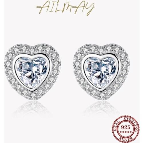 Ailmay 925 Sterling Silver Classic Luxury Love Heart Shape Stud Earrings Clear Zircon for Women Wedding Engagement Jewelry Gift