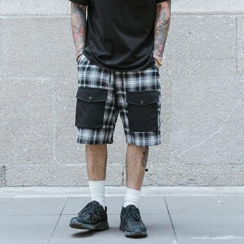 Contrast Paneled Plaid Cargo Shorts Mens Safari Style Multi-Pocket Knee-length Shorts Summer Elastic Waist Casual Shorts Men