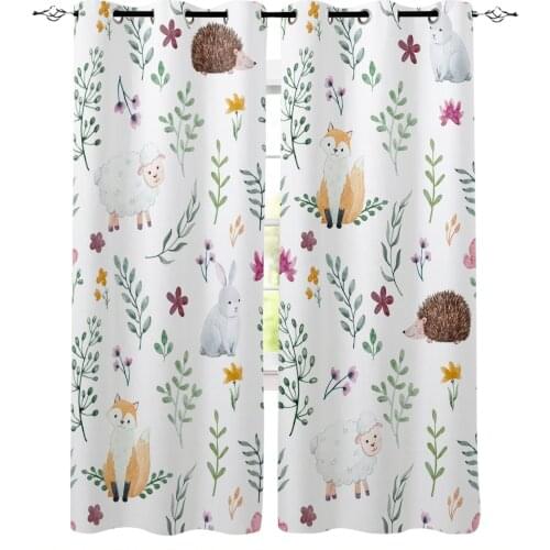 Cartoon Animal Hedgehog Fox Rabbit Green Leaf Curtains for Childrens Bedroom Living Room Kids Window Treatments Kitchen Drapes