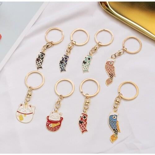 2021 Janpan Traditional Koinobori Maneki Neko Lucky Fortune Cat Carp Gold Color Women Keychain Key Chain Car Bag Pendent D430