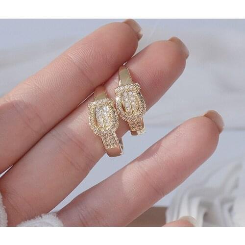 Creativity Belt Buckle C-shaped Earrings Shiny Plated 14k Real Gold Zircon Crystal Daily Stud Earring Holiday Jewelry Pendent