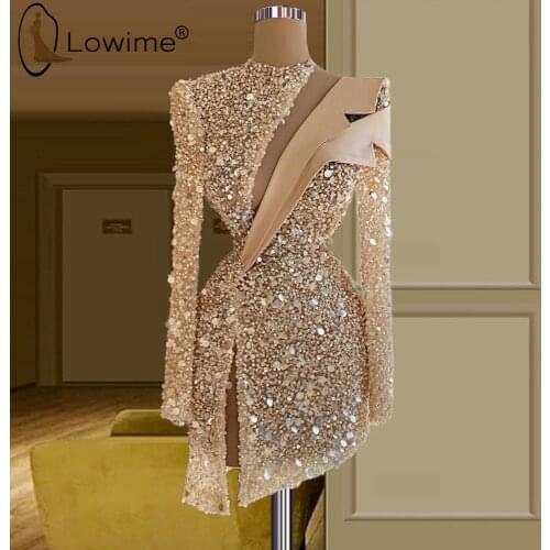 Sparkly Long Sleeves Short Sequins Prom Dresses 2021 Sexy Illusion Slit Formal Party Gowns Robes De Cocktail