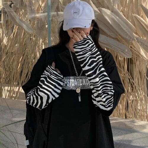 EBAIHUI Zebra Pattern Long Sleeve T Shirt Fake Two Pieces Tops Letter Print Oversized Streetwear Spring Autumn Sweatshirts