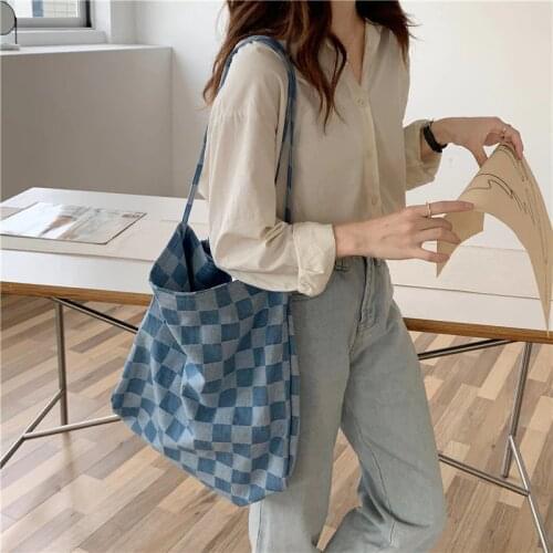 Women Big Canvas Shoulder Bag Chess Plaid Extra Large Tote Blue Denim Cloth Handbag Grocery Bag Eco Shopping Bags For Ladies