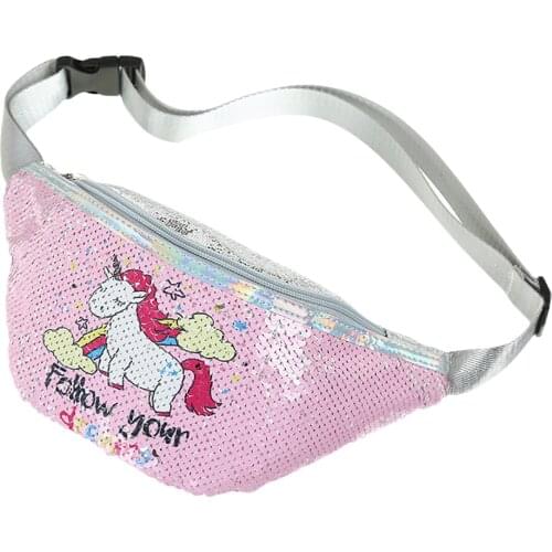 Women Fashion Cartoon Unicorn Sequins Waist Bag Casual Adjustable Waist Shiny Sequins Waist Bag Girl Sports Trval Phone Bag