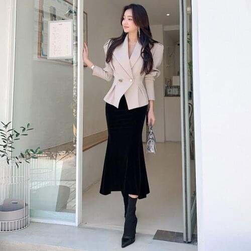 Korean Autumn 3 Pieces Set Women Long Sleeve Short Coat + Vest+Velvet Mermaid Long Skirts Fashion Simple Office Lady Skirt Suit