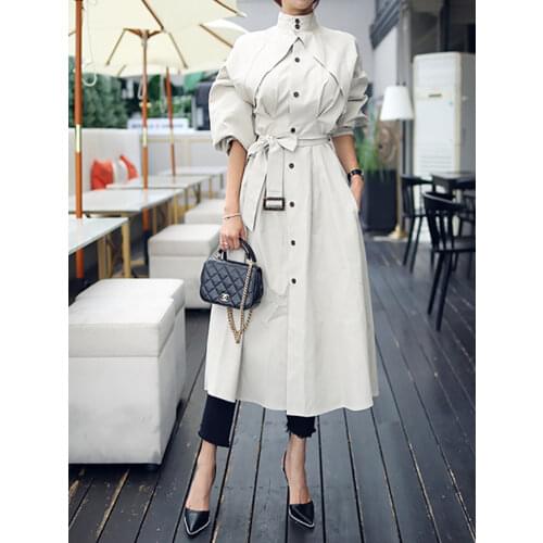 Korean new arrival holiday long thin casual trench OL new fashion comfortable work style elegant trend beige wild trench