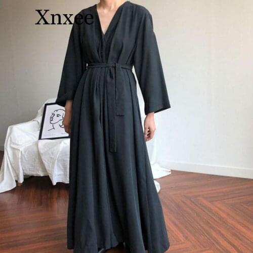 Women Korean Autumn Long Shirt Dress Sexy V-neck Full Sleeves Vestido with Belt Vintage Plus Size Robe Femme Elegant Longue