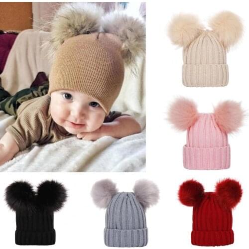 Winter Baby Boys Girls Warm Thickened Solid Color Double Pompom Beanie Cap Hat