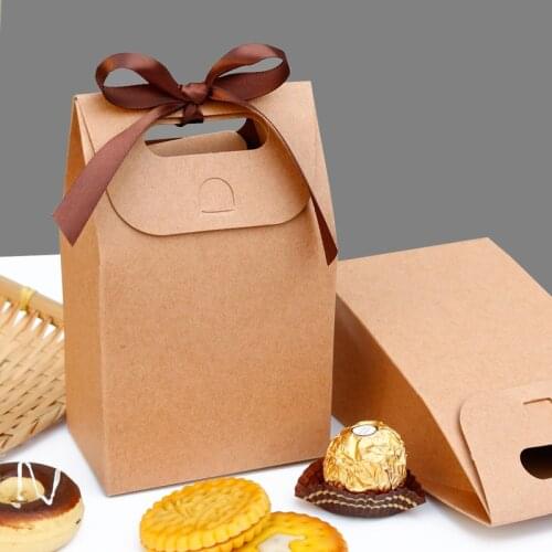 2pcs Kraft Paper Bag Blank Gift Bag Boxes with Ribbon Party Favor Jewelry Cookie Candy Bags Wedding Decoration