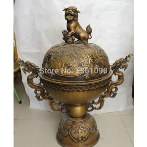 32" China Dynasty Palace Bronze Lion Dragon Kylin Beast Incense Burner Censer