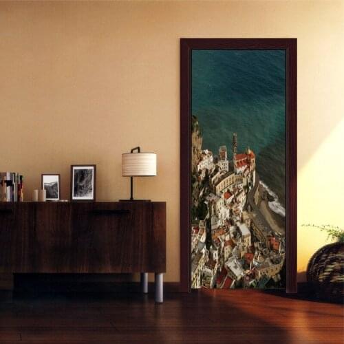 3D effect Wall Murals Wall Stickers 2 Panels Seaside View Door Sticker Wallpaper Decals Living Room BedroomHome Decoration