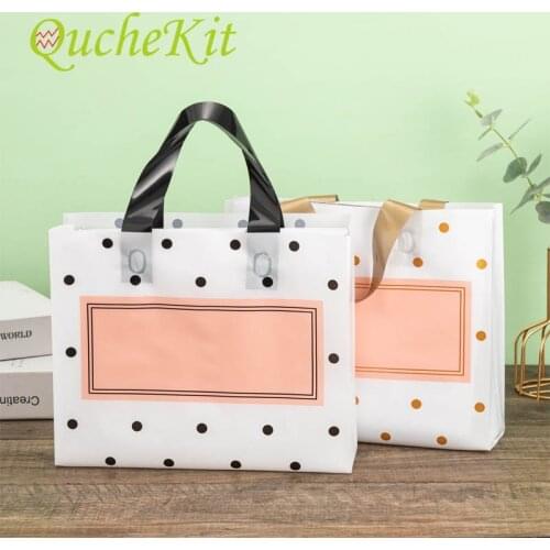 50PCS White Round Dots Pink Plastic Bag Shopping Jewelry Clothing Packaging Bag Thick Large Cosmetic Gift Bag With Handle