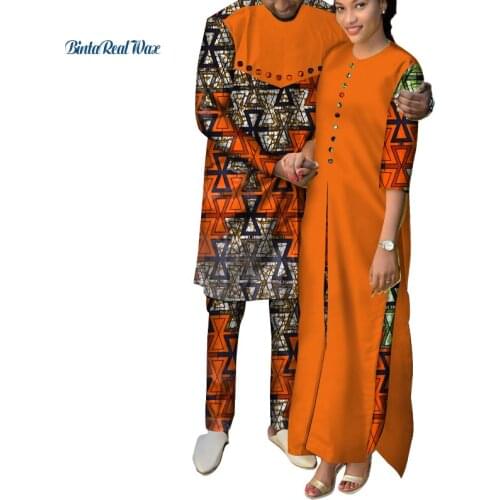African Clothes Women Ankara Print Long Dresses Mens Shirt and Pants Sets Lover Couples Clothes African Design Clothing WYQ146