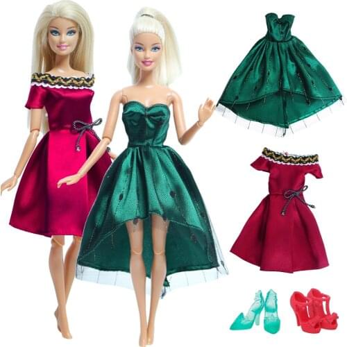 4 Pcs Doll Accessories = Red Green 2 Sets Dresses Party Gown + 2 Pairs High Heels Shoes Clothes for Barbie Doll Kids Toy