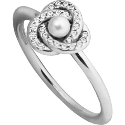 Authentic 925 Sterling Silver Clear CZ Luminous Love Knot Pearl Ring for Women Girl Wedding Jewelry Wholesale