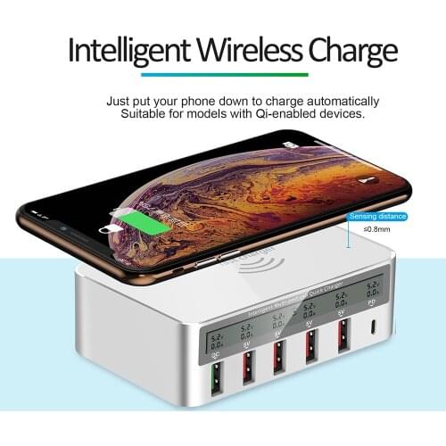 100W 6 Ports USB C Charger QI Wireless Charger For iPhone 12 11 Pro Max Samsung Xiaomi Quick Charge 3.0 LED Display Fast Charger
