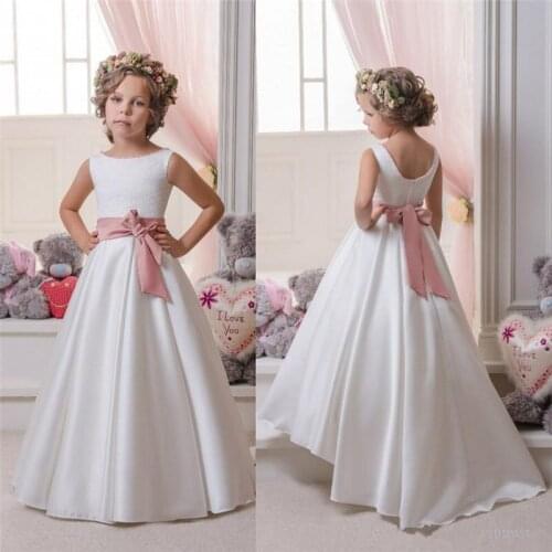 Flower Girls Dresses For Weddings Vintage Satin Sleeveless Lace Kids Formal Dress Jewel Neck Ribbon Sash Girls Pageant Gowns