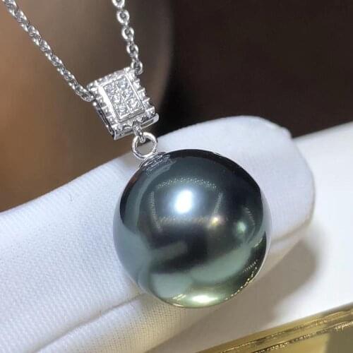 D410 Pearl Pendant Fine Jewelry Solid 18K White Gold Natural Round 11-12mm Ocean Sea Water Black Pearls Pendants Necklaces