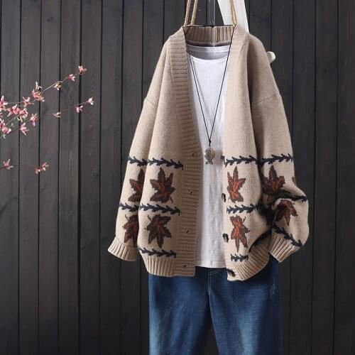 V-neck Maple Leaf Retro Knit Cardigan 2021 Spring And Autumn New Loose Fashion Sweater Jacket Womens Button Cardigan Coat