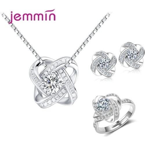 925 Sterling Silver Luxury Crystal Necklace Earrings Rings Bridal Jewelry Sets For Women Girls Wedding Fashion Jewelry Wholesale
