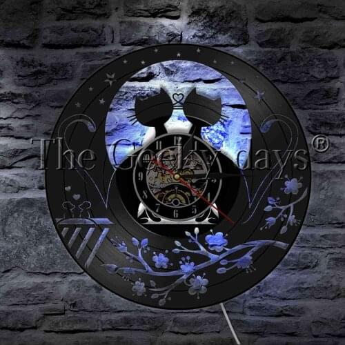 Cats Couple And Flowers Vinyl Record Wall Clock With LED Backlight Pet Kitty Starry Sky Decor Lighting LED Hanging Lamp