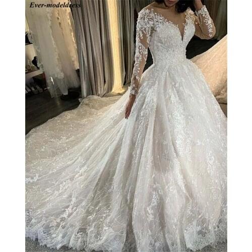 Full Lace Princess Ball Gown Wedding Dresses Long Sleeves Sheer O-Neck Button 2020 Bride Dress Bridal Gowns Vestido de noiva