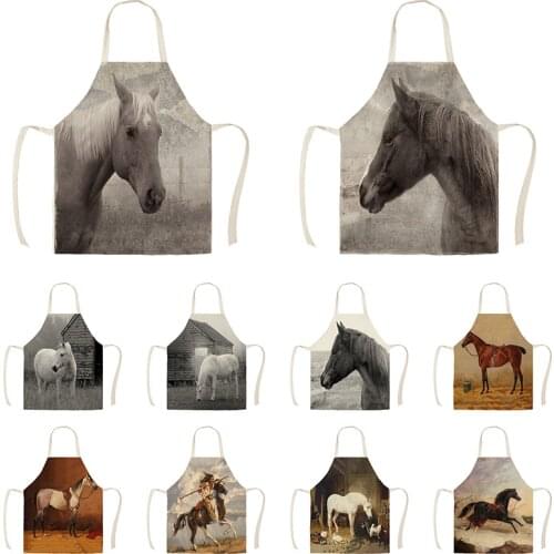 1Pcs Kitchen Apron Sketch Animal War Horses Printed Sleeveless Cotton Linen Aprons for Men Women Home Cleaning Tools WQ1047