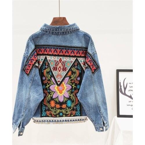 Boho Beading Embroidery Flowers Denim Jacket Coat Women Autumn Vintage Blue Outwear Loose Long Sleeve Short Jeans Jackets Female