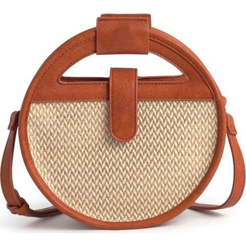 Fashion PU Straw Splicing Women Handbag Designer Round Crossbody Bags for Women 2021 Small Shoulder Bag Female Clutch Tote Purse