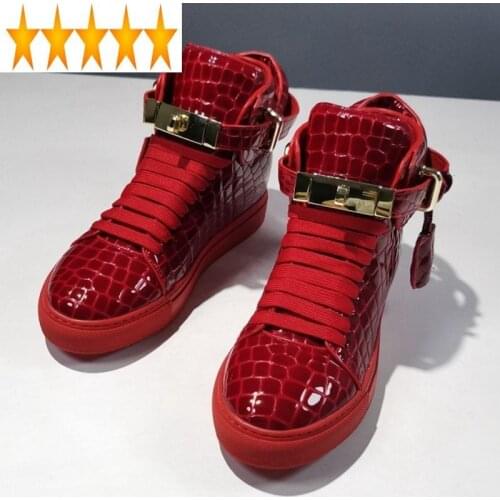 Designer Men Metal Lock Brand High Top Casual New Fashion Joggers Sneakers Lace Up Cowhide Genuine Leather Platform Shoes