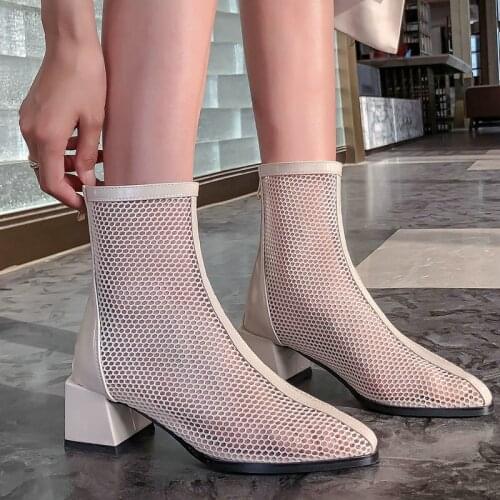 2021 New Summer Breathable Mesh Boots Fashion Zipper Chunky Heel Ankle Boots Ladies Sexy Hollow Short Boots Black Beige