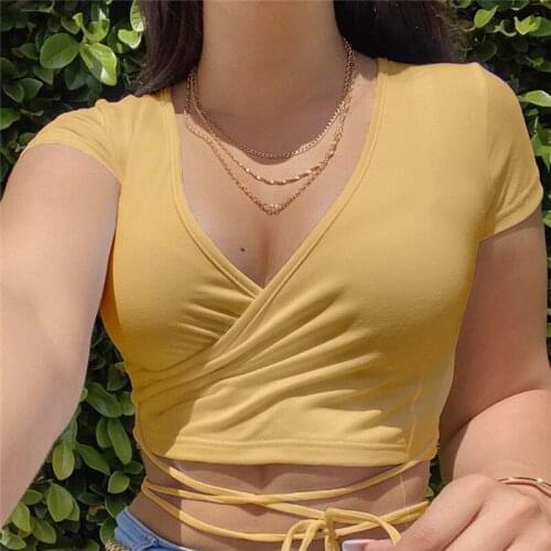 Women Summer Sexy T Shirt Deep V Neck Short Sleeves Criss Cross Solid Color Slim Front Bandage Top Female T Shirt Streetwear