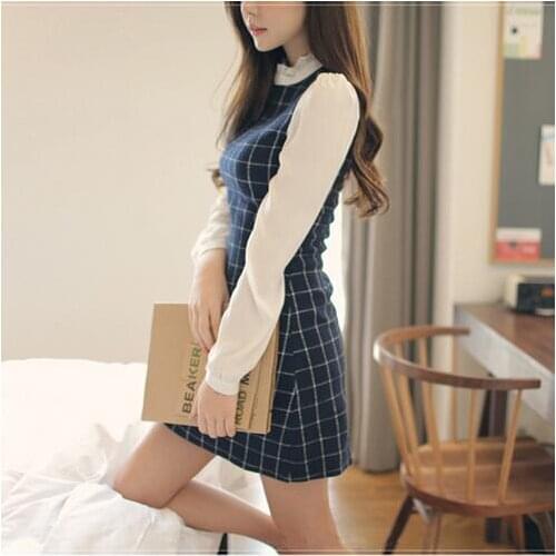 Dresses Vestidos Women Blue Plaid Patchwork Mini Dress Full Sleeve De Fiesta Plus Size Vestido Mujer 2019