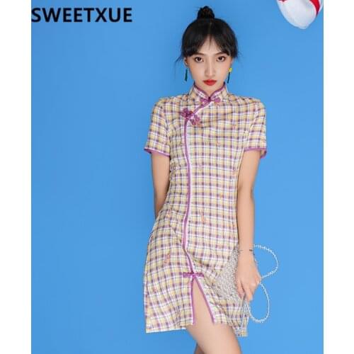 SWEETXUE Plaid Cheongsam Womens Summer 2021 New Young Girl Lace Improved Version Mini Slim Cute Retro Fashion Dress