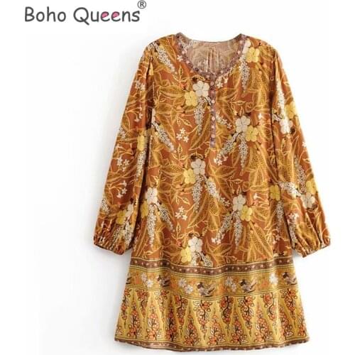 Boho Queens women hippie floral print deep tie neck Bohemian mini dress ladies ethnic short sleeve rayon dresses vestidos