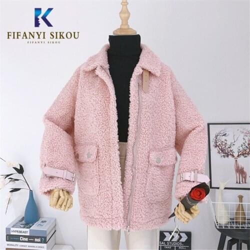 2019 Winter Women Faux Lambswool Fur Coat Casual Thick Warm Overcoat Fashion Pocket Zipper Fur Jacket Female Loose Outwear