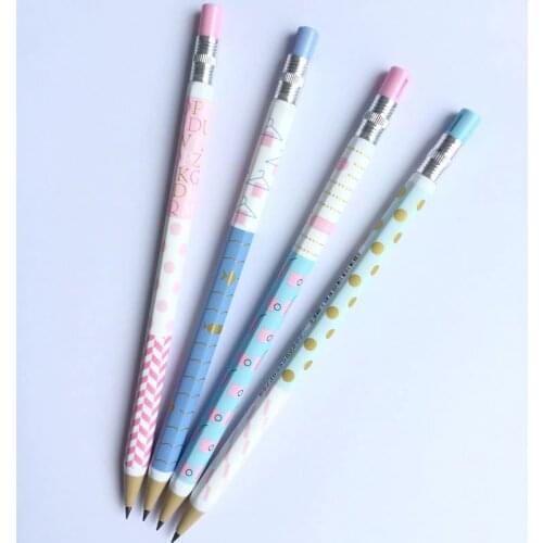3X Fresh Pastel Dots Wave Striped Pencil With Eraser Head Writing Drawing Tool School Office Supply Student Stationery Kids Gift