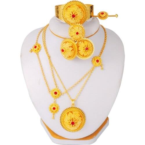 6pcs/lot Gold Ethiopian collares Dubai jewelry sets for Women Habesha Hairpin Head chain Arabic African bridal wedding Gift