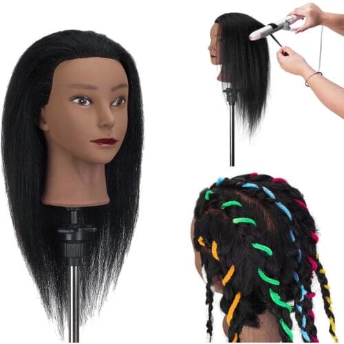 100% Real Hair African Mannequin Head and Adjustable Stand for Braiding Hair Training Doll Head for Cosmetology Hairdressing