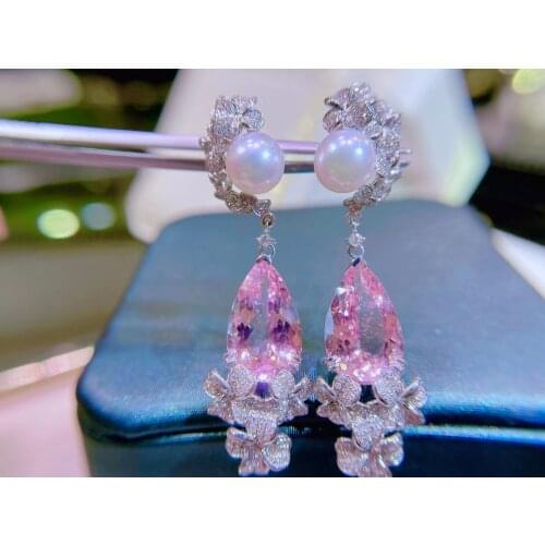H609 Fine Jewelry Real Pure 18K White Gold AU750 100% Natural Pink Morganite Gemstone 9.8ct Drop Earrings for Women