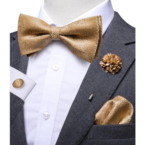 Hi-Tie Fashion Luxury Gold Business Wedding Bowties for Men Prooch Pocket Square Cufflinks Set Silk Bow Tie Necktie for Wedding