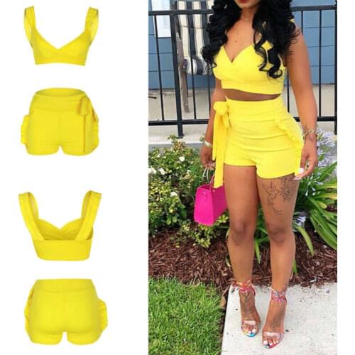 Two Piece Set Women Summer Crop tops High Waist Shorts 2pcs Ruffles Bow outfits Ladies Yellow Slim Matching Clothes