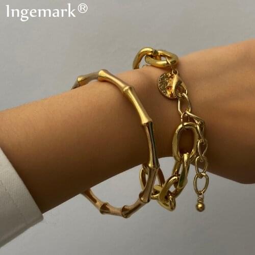 Ingemark Punk 2Pcs/Set Bamboo Chunky Chain Bracelets Set Bangles Women Men Armband Steampunk Lock Bracelet Friends Hand Jewelry
