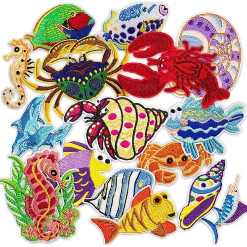Marine Life Embroidery Patches Iron on Cartoon Conch Badges DIY Thermo Stickers for Kids Clothes Hole Patch Decorative Appliques