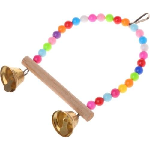 Natural Wooden Birds Perch Parrots Hanging Swing Cage With Colorful Beads Bells P82D
