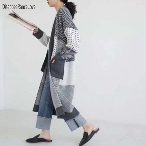 Disappearancelove New Women Fashion Geometric Print Long Knitting Sweater Lady Long Sleeve Breasted Chic Casual Cardigans Tops