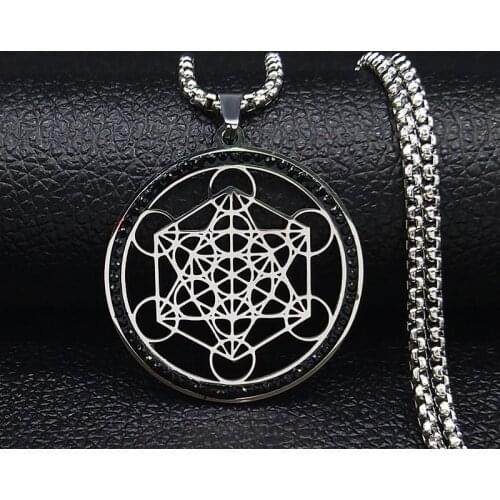 Yoga Hindu Buddhism Flower of Life Crystal Stainless Steel Chain Necklace Women Black Silver Color Necklace Jewelry collares